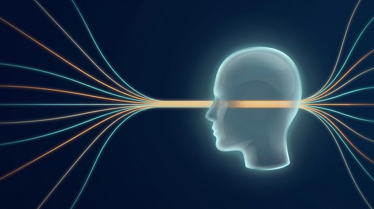 A glowing translucent human-head silhouette with multiple streams of light entering from the left, funneling through a single narrow channel at the center of the head, and fanning out on the right — a visual metaphor for the brain's serial processing bottleneck.