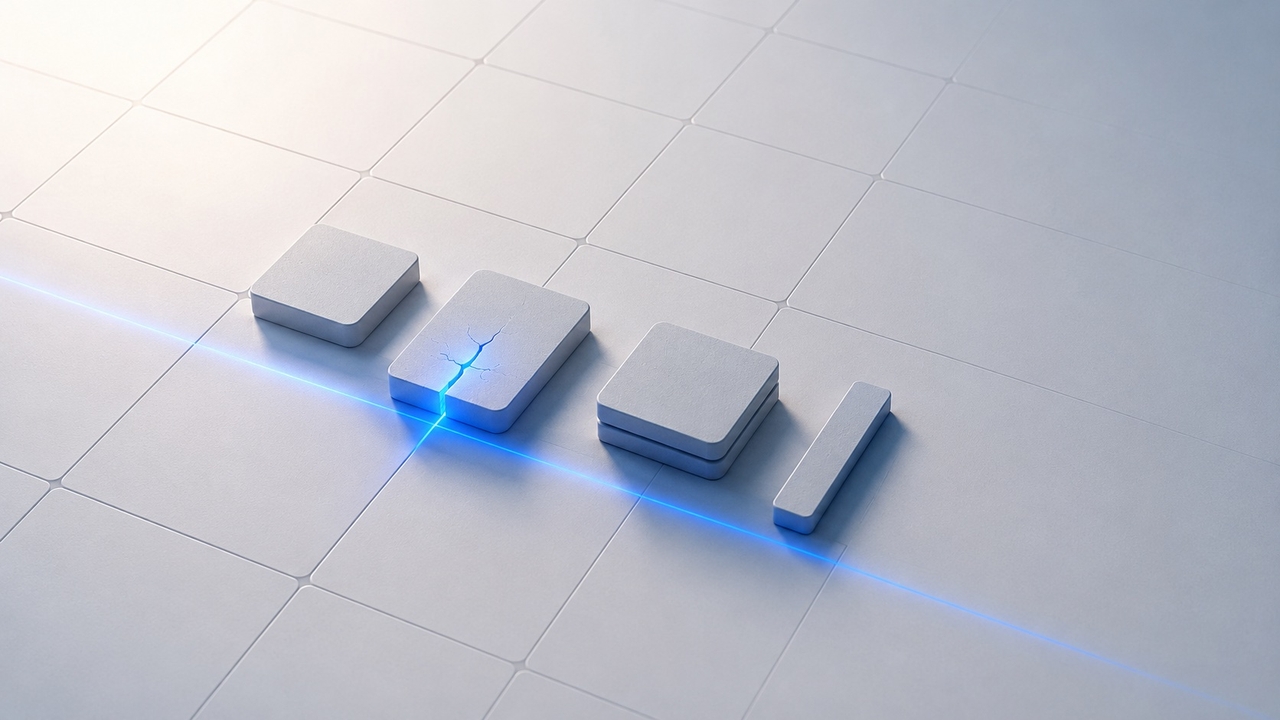 Abstract grid of calm slate tiles with four raised shapes in a row. A thin beam of blue light runs across the floor and makes a hairline crack glow in one of them.